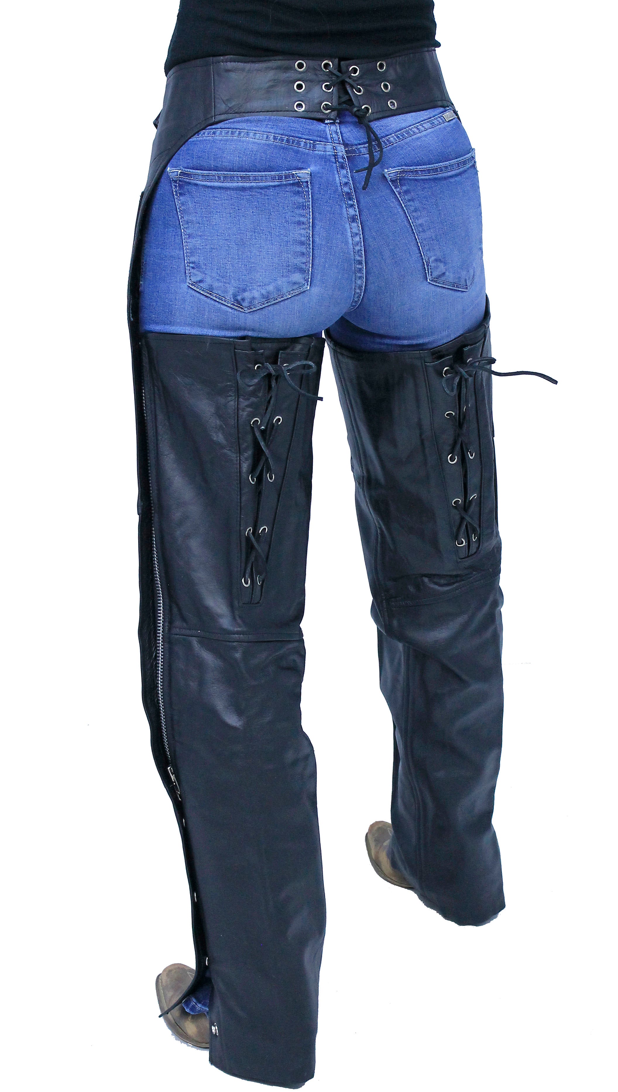 chaps small black tote travel bag Dura-Tech Padded Chap center back pocket has a bottom zipper (to convert pocket into a sleeve to slide over rolling luggage handles) Leather Chaps with Adjustable Lace