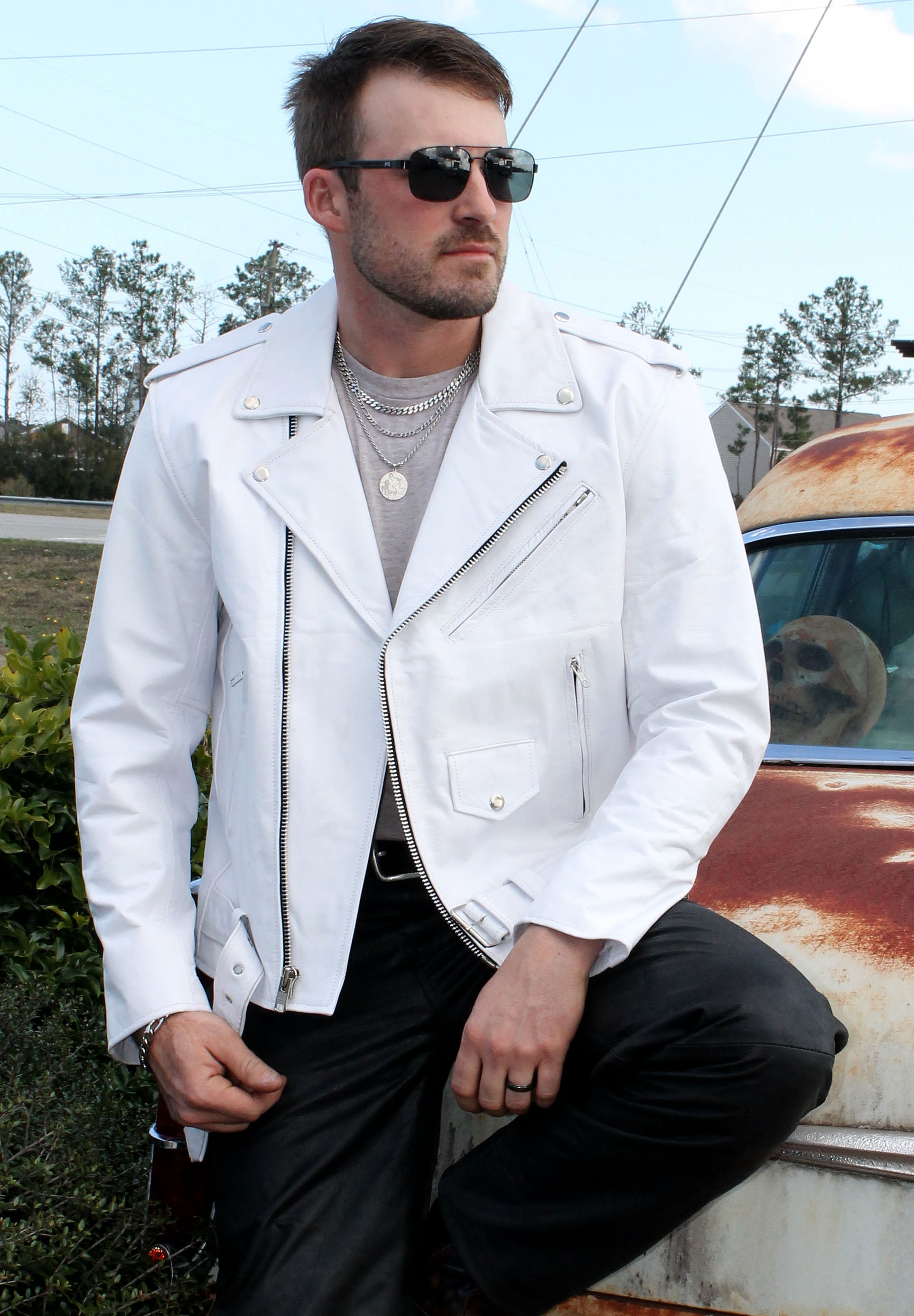 Men's White Leather Motorcycle Jacket w/Concealed Pocket #M111GW