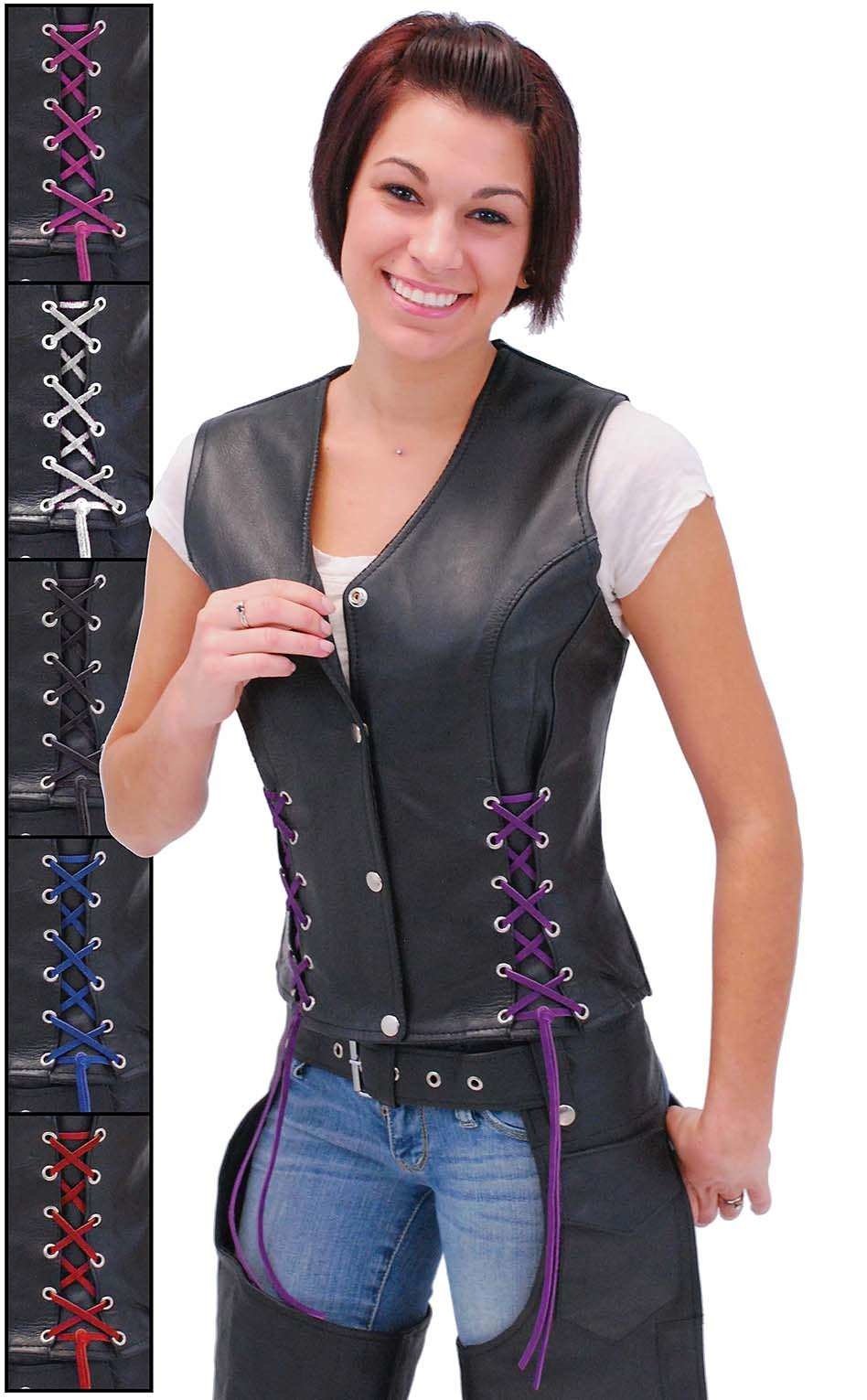 corset lacing for motorcycle helmet Black Leather Vest w/Custom Color Corset Lacing #VL2687LLK ()