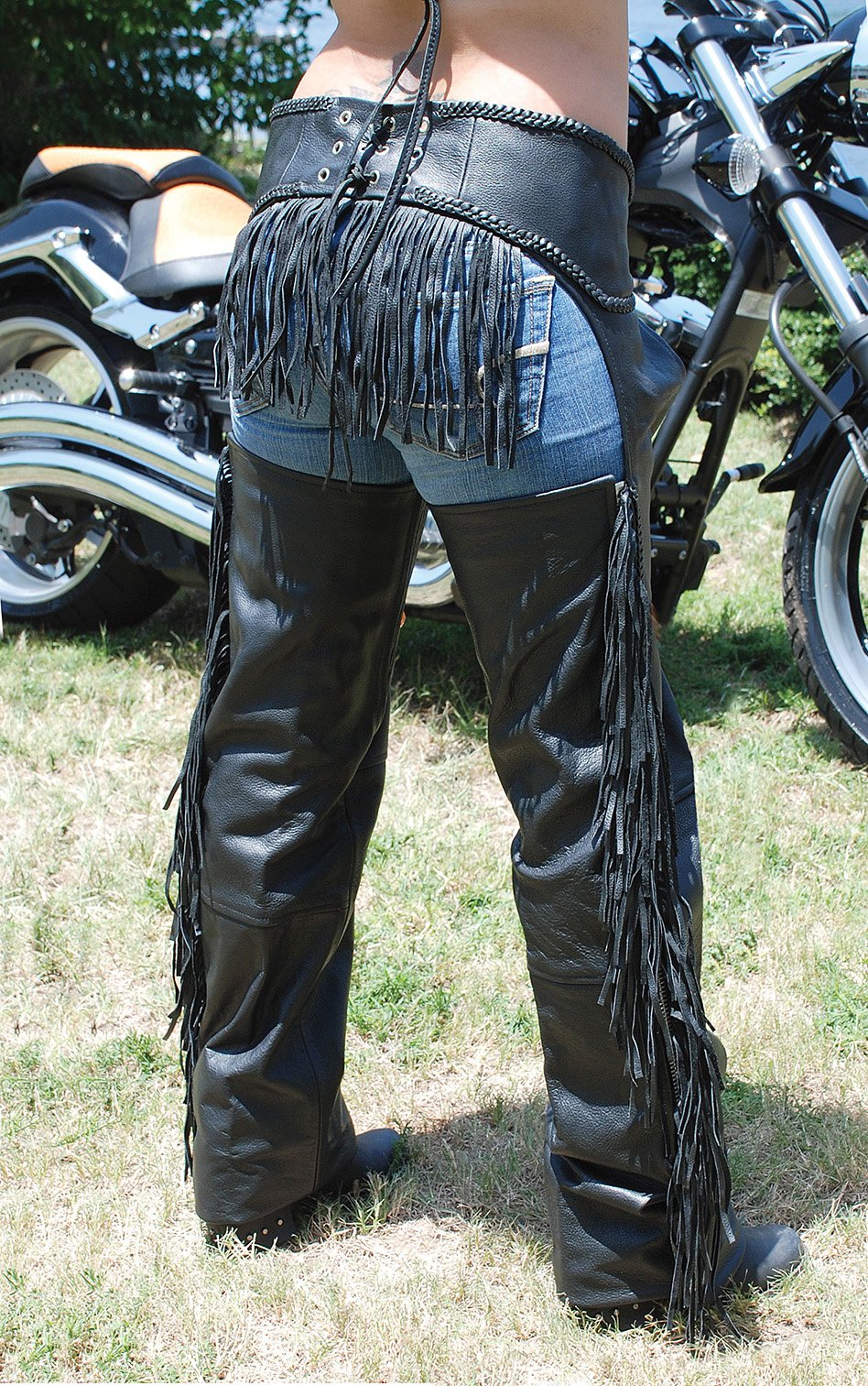 Fringed hot Leather Motorcycle Riding Chaps— Size XL