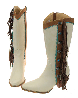 14’’ Cream Western Boots with Brown Fringe and Conchos #BLC10FT-GIZ14