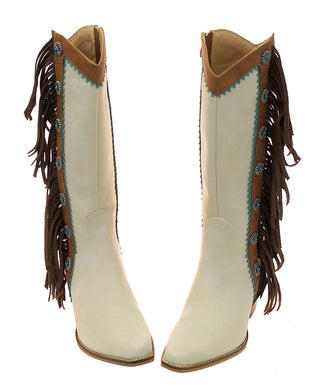 14’’ Cream Western Boots with Brown Fringe and Conchos #BLC10FT-GIZ14