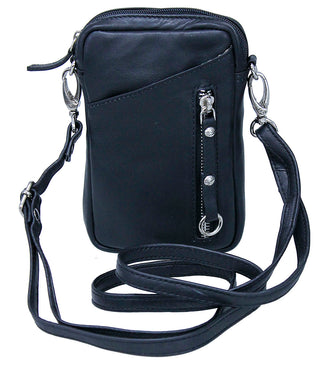 Black Leather 4 x 7 Cross Body Cell Phone Pouch #ACP27K