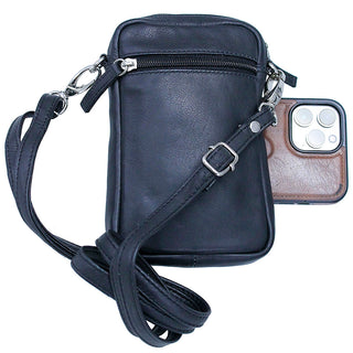 Black Leather 4 x 7 Cross Body Cell Phone Pouch #ACP27K
