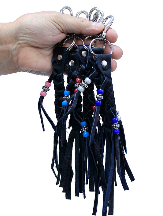 Black Leather Braid & Bead Key Chain #AKC9038K