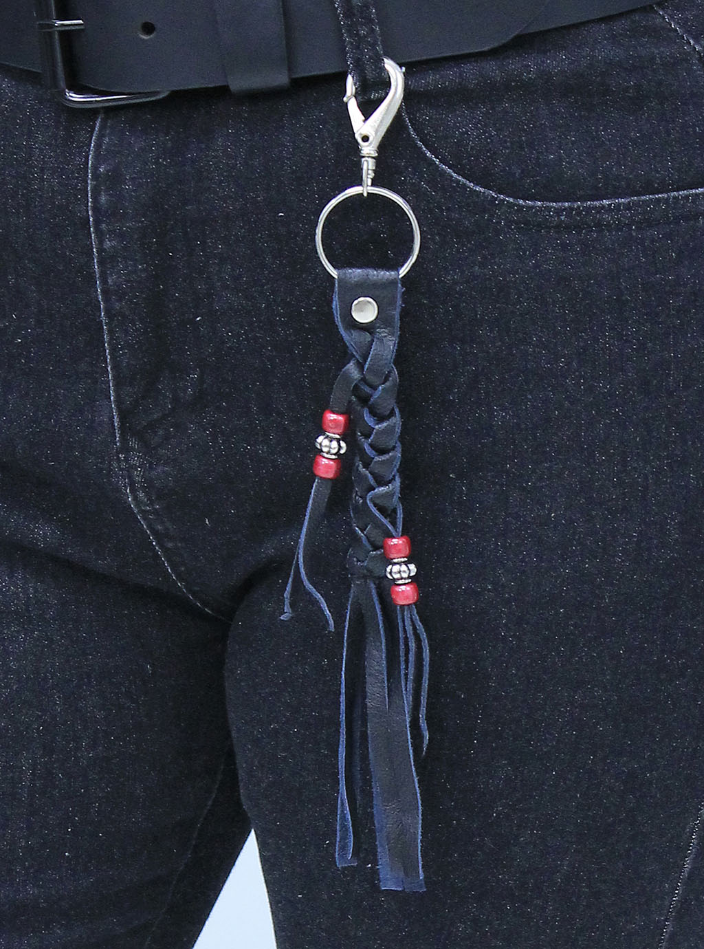 Black Leather Braid & Bead Key Chain #AKC9038K