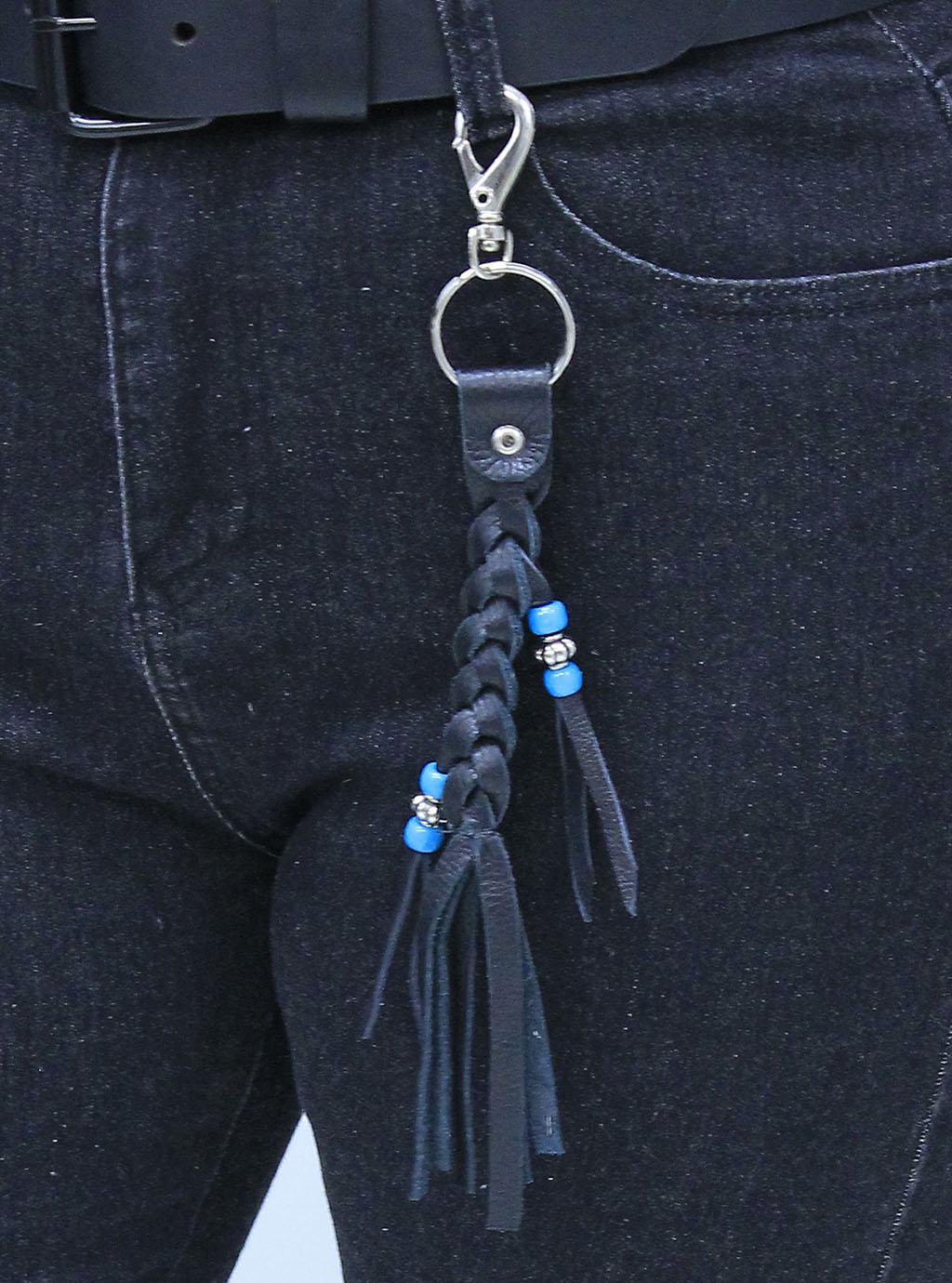 Black Leather Braid & Bead Key Chain #AKC9038K