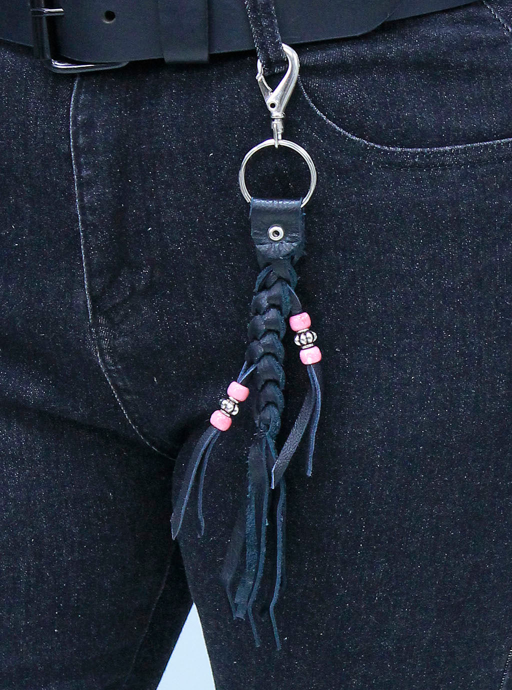 Black Leather Braid & Bead Key Chain #AKC9038K