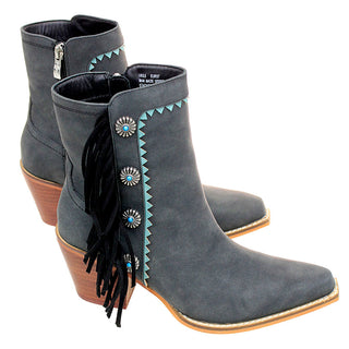6" Charcoal Western Ankle Boots with Black Fringe & Conchos #BLC10FK-GIZ6