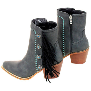 6" Charcoal Western Ankle Boots with Black Fringe & Conchos #BLC10FK-GIZ6