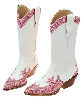 Pink Rhinestones on White Cowgirl Boots #BLC10WPI-ZANDAYA
