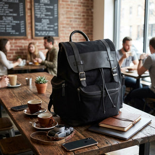 Bellino Drake Large Black Canvas and Leather Backpack with Drawstring #BP402K