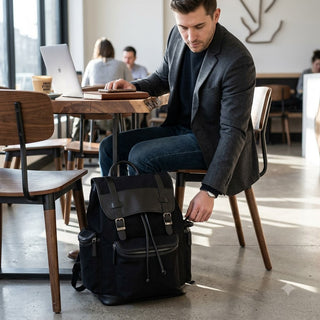 Bellino Drake Large Black Canvas and Leather Backpack with Drawstring #BP402K