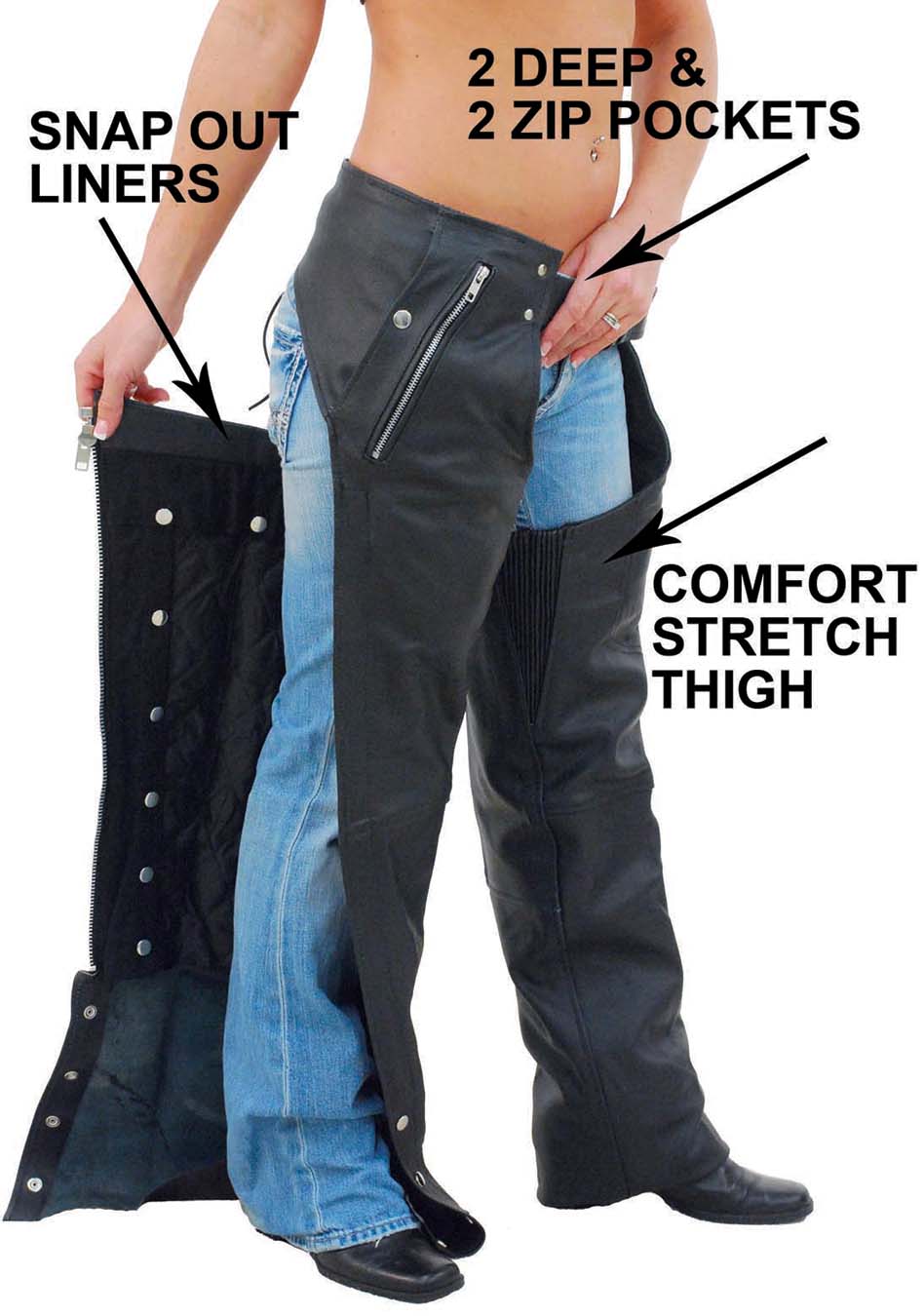 Pocket Motorcycle Chaps w/Snap Out Quilted Lining - Special #C7130ZSP