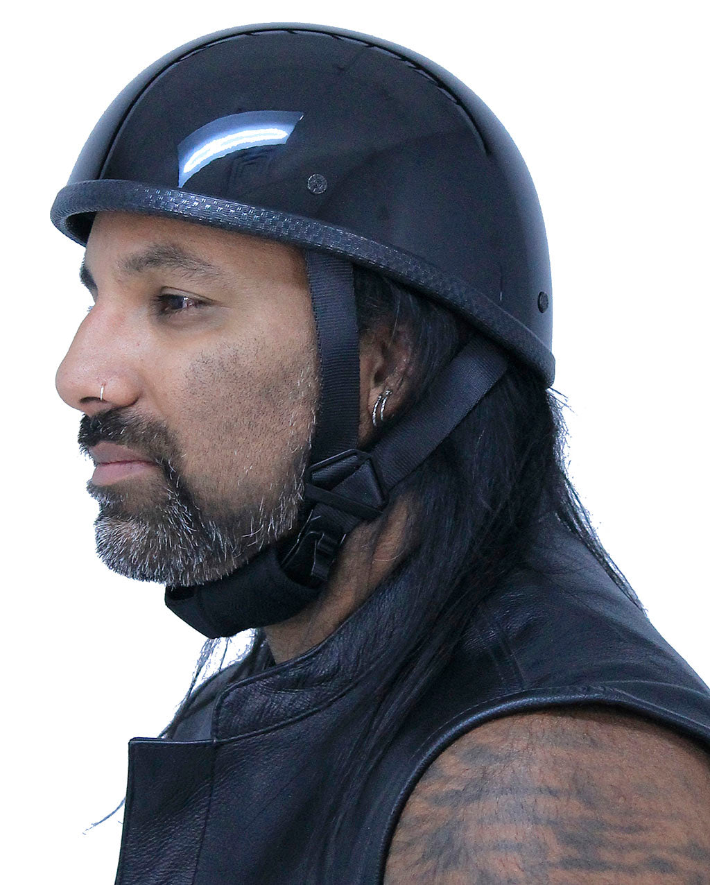 cheap novelty motorcycle helmets H2-GB Gloss Black Beanie Helmet GoLeather Polycarbonate alloy shell construction Impact absorbent high density liner comfort Adjustable nylon chin strap with snap release buckle Less bulky than normal half helmets with maximum protection Lightweight Helmet Around 2.2 lbs Eagle Novelty Helmet Gloss Black