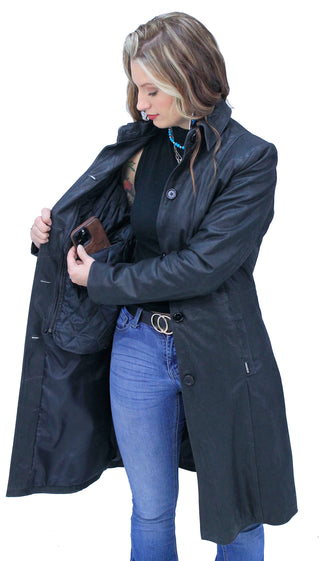 Extra Long Button Down Lambskin Leather Coat for Women #L1401398ZK