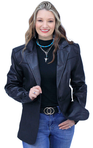 Single Button Black Premium Leather Blazer for Women #L1401510K