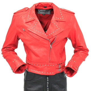 Women's Red Stud Trim Motorcycle Jacket #L15601R (S-L)