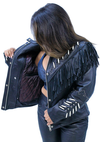 Genuine Bone Studded Fringe Leather Jacket #L1615FBK