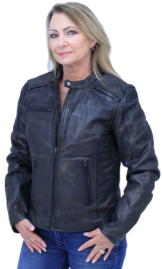 Antiqued Women's Brown Leather Café Racer Jacket #L164VZGN ()