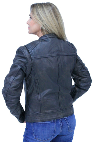 Antiqued Women's Brown Leather Café Racer Jacket #L164VZGN ()