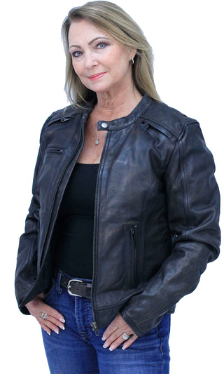 Antiqued Women's Brown Leather Café Racer Jacket #L164VZGN ()