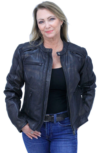 Antiqued Women's Brown Leather Café Racer Jacket #L164VZGN ()