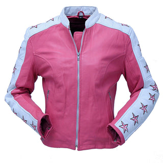Pink Star Cafe' Racer Motorcycle Leather Jacket #L190ZUSTAR