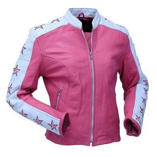 Pink Star Cafe' Racer Motorcycle Leather Jacket #L190ZUSTAR