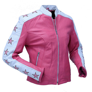 Pink Star Cafe' Racer Motorcycle Leather Jacket #L190ZUSTAR
