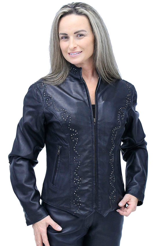 Women's Scallop and Mini Stud Trim Leather Jacket #L2302GSK