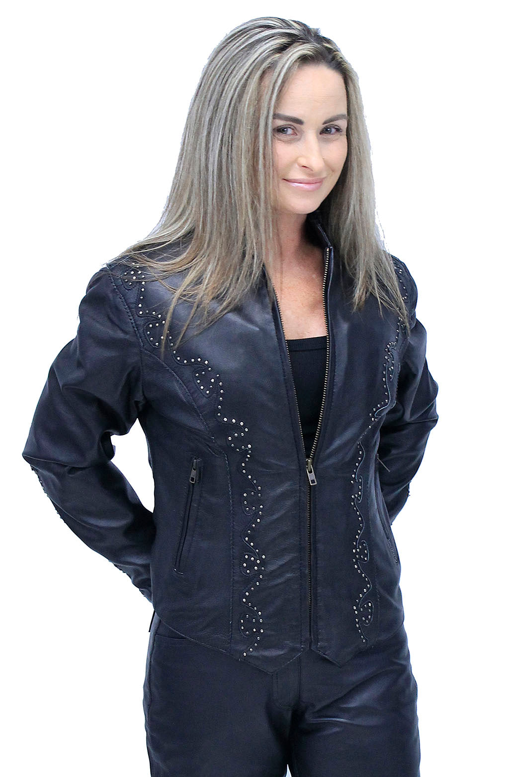 Women's Scallop and Mini Stud Trim Leather Jacket #L2302GSK