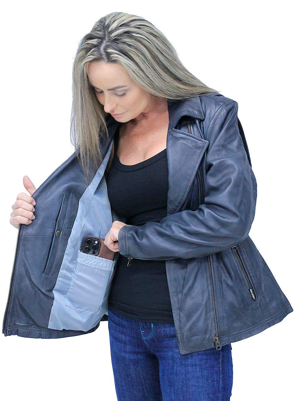 Women's Antiqued Gray Leather Motorcycle Jacket  #L2402GK