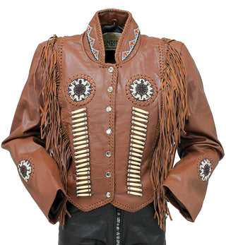 Brown Fringe Jacket with Bone & Mini Beads #L4251FBN ()