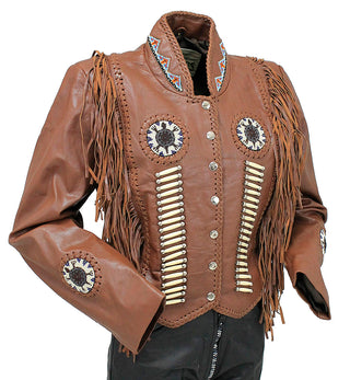 Brown Fringe Jacket with Bone & Mini Beads #L4251FBN ()