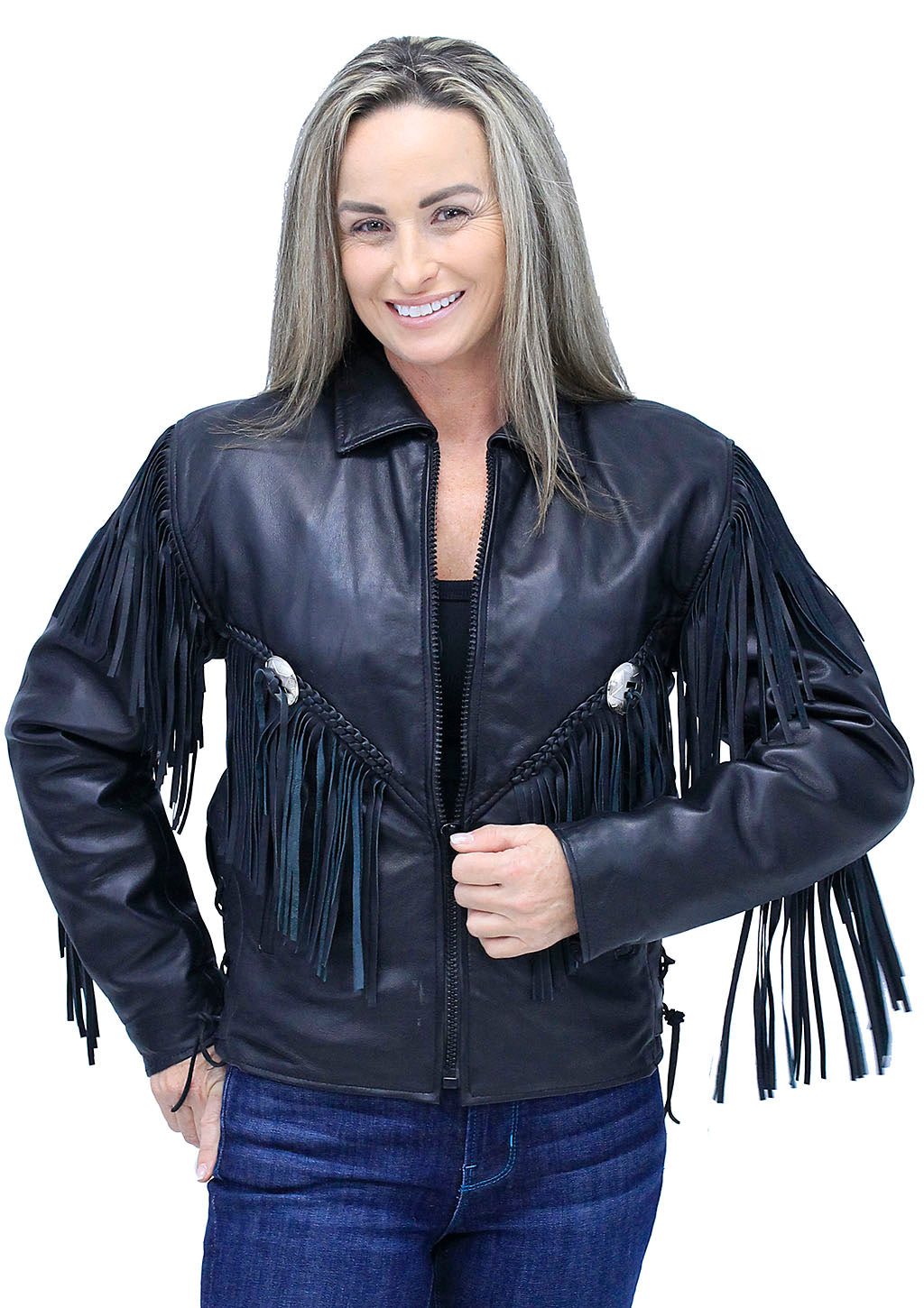 V Fringed Leather Motorcycle Jacket for Women #L452ZFB