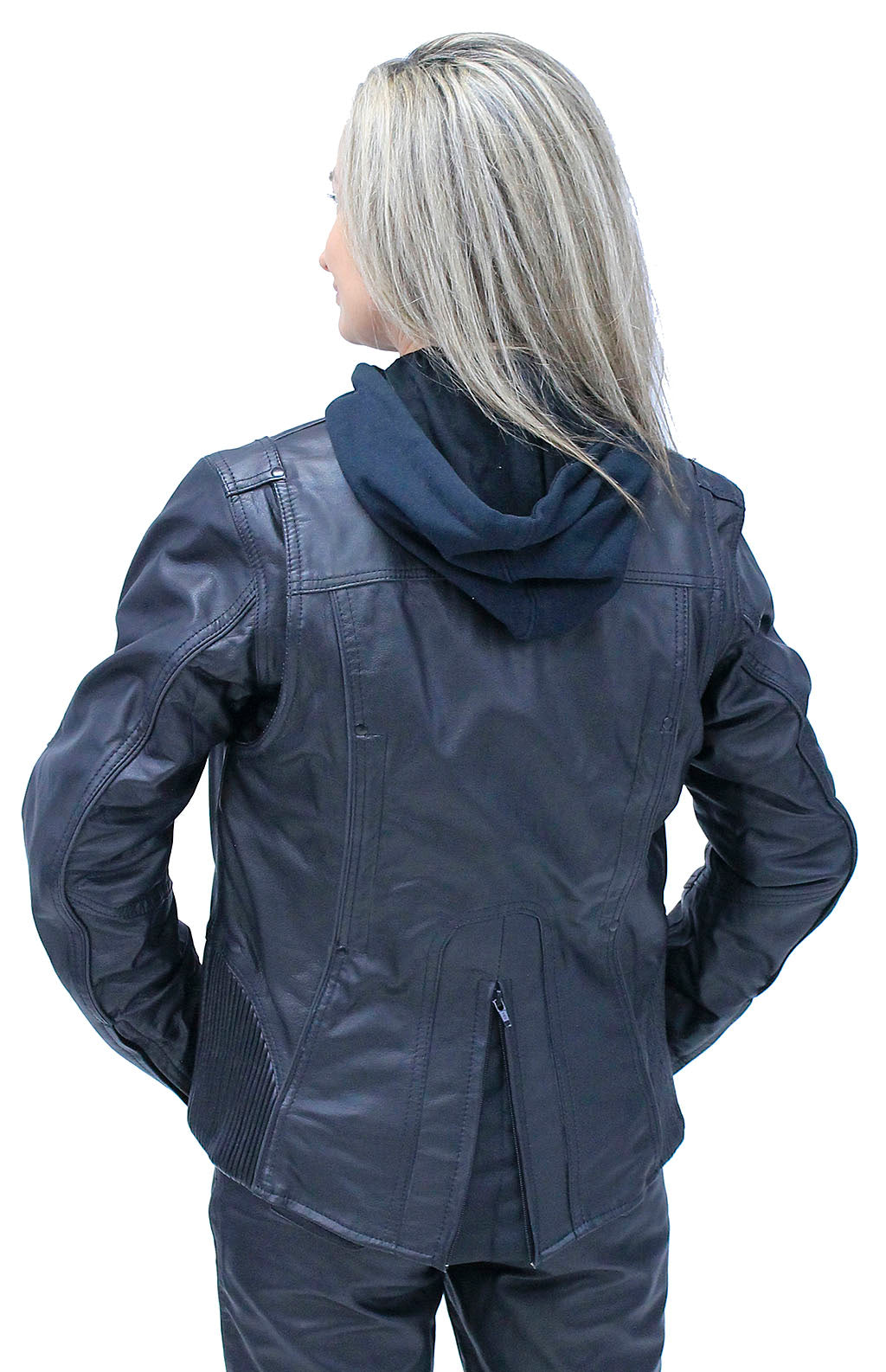 Women's Black Vented Leather Jacket w/Hoodie #L6953HVZRK