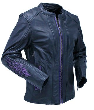 Purple Winged Heart Leather Vented Motorcycle Jacket #L695417VGPU