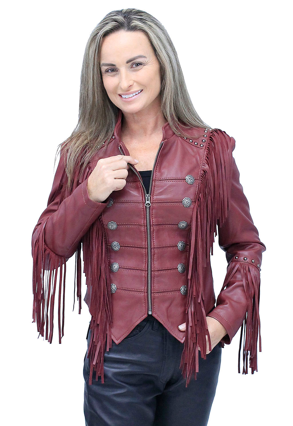 Burgundy Red Leather Fringed Band Leader Jacket #L98426SFR