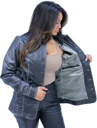 Vintage Black Women's Leather Button Coat #LA2011BTK ()