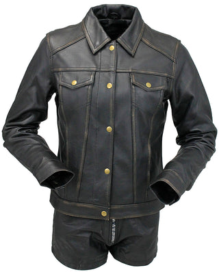 Women's Ultra Premium Vintage Brown Leather Jean Jacket #LA6894GN
