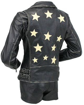Star filled Women's Vintage Leather Motorcycle Jacket #LA6960GY-STAR