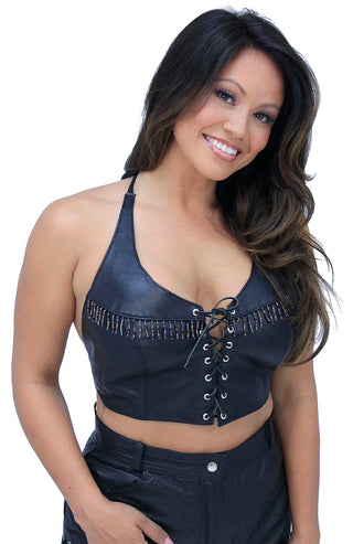 Mini Bead Fringe Lace-Up Long Halter #LH60723BDK
