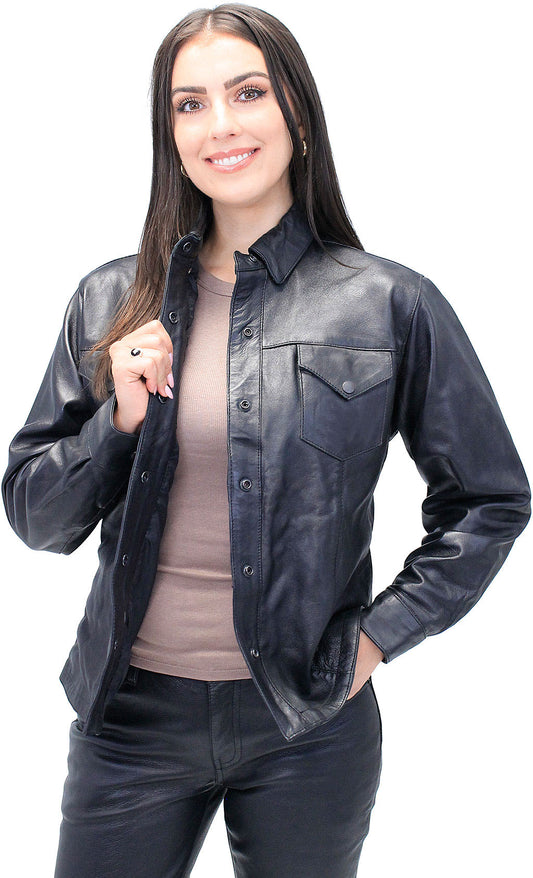 Women's Long Black Leather Shirt #LS42SK