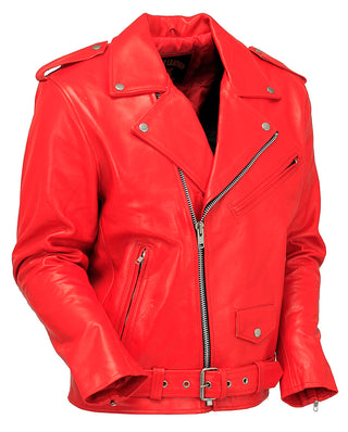 Men's Red Leather Motorcycle Jacket w/Quilted Lining #M1116QR