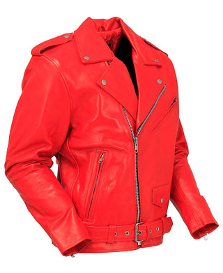 Men's Red Leather Motorcycle Jacket w/Quilted Lining #M1116QR