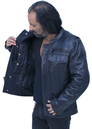 No Collar Men's Vented Concealed Pocket Motorcycle Jacket #M263GVZK