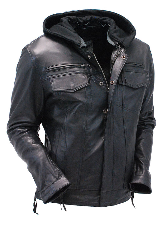 Men's Black Lambskin Hooded Jean Jacket w/Vents #M6905GHK