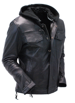 ~(d) Men's Black Lambskin Hooded Jean Jacket w/Vents #M6905GHK