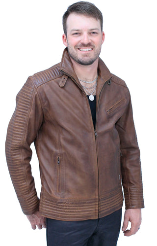 Distressed Brown Leather Ribbed Trim Jacket Butterfly Collar #MA1992GN